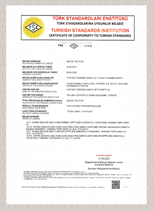 TS EN 12004-1 Seramik Yapıştırıcılar Ürün Uyg. Bel. 2023 Eskişehir