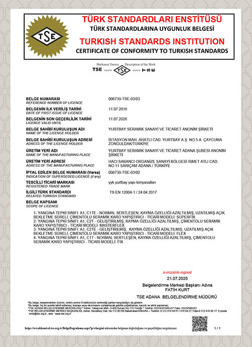 TS EN 12004 2007+A1 Yapıştırıcılar Ürün Uyg. Bel. Adana 2023