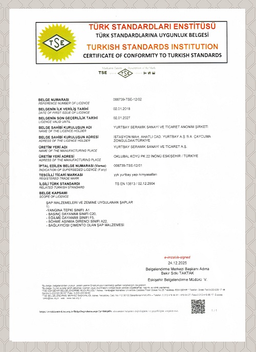 TS EN 13813 Tesviye Şapı Ürün Uygunluk Belgesi