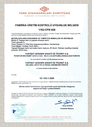 TS EN 1504-3 Tamir Harcı FÜK Uygunluk Belgesi