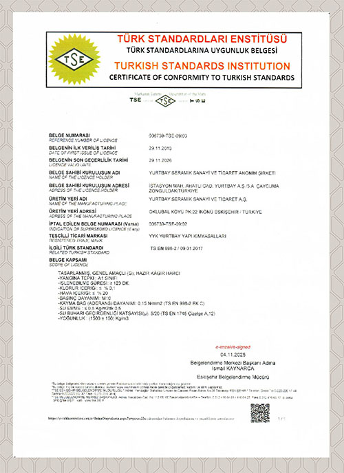 TS 998-2 Kagir Harcı Ürün Uyg. Belgesi