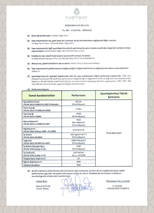 TS EN 998-2 Tuğla Harcı CE-DoP Beyan