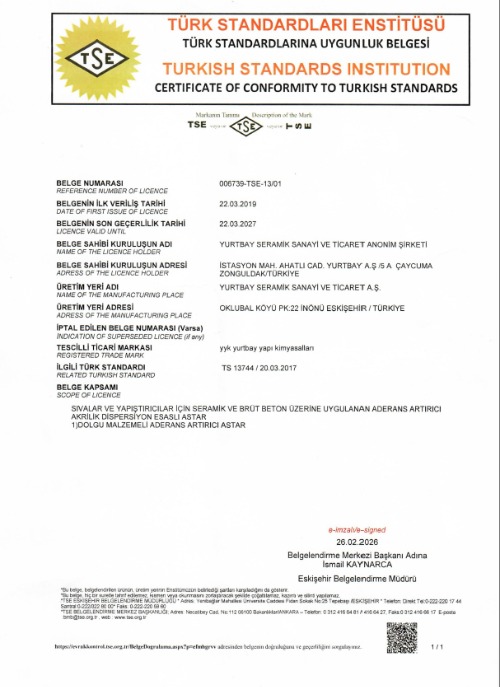 TS 13744 Dolgu Malzemeli Adresan Artırıcı Astarlar Ürün Uygunluk Belgesi